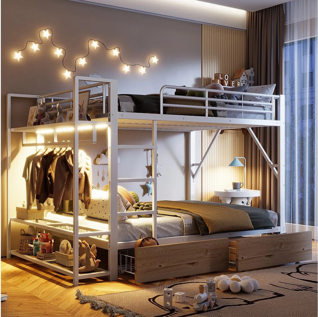 Łóżko piętrowe dla dzieci - 2 x 140 x 200 cm - rama żeliwna - z 2 szufladami + półki + diody LED - metalowe - białe