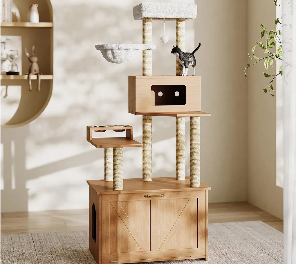 Drzewko dla kota 80x50x173 cm - z drapakiem i domkiem dla kota - z 2 miskami - kuweta - 1 hamak - naturalny