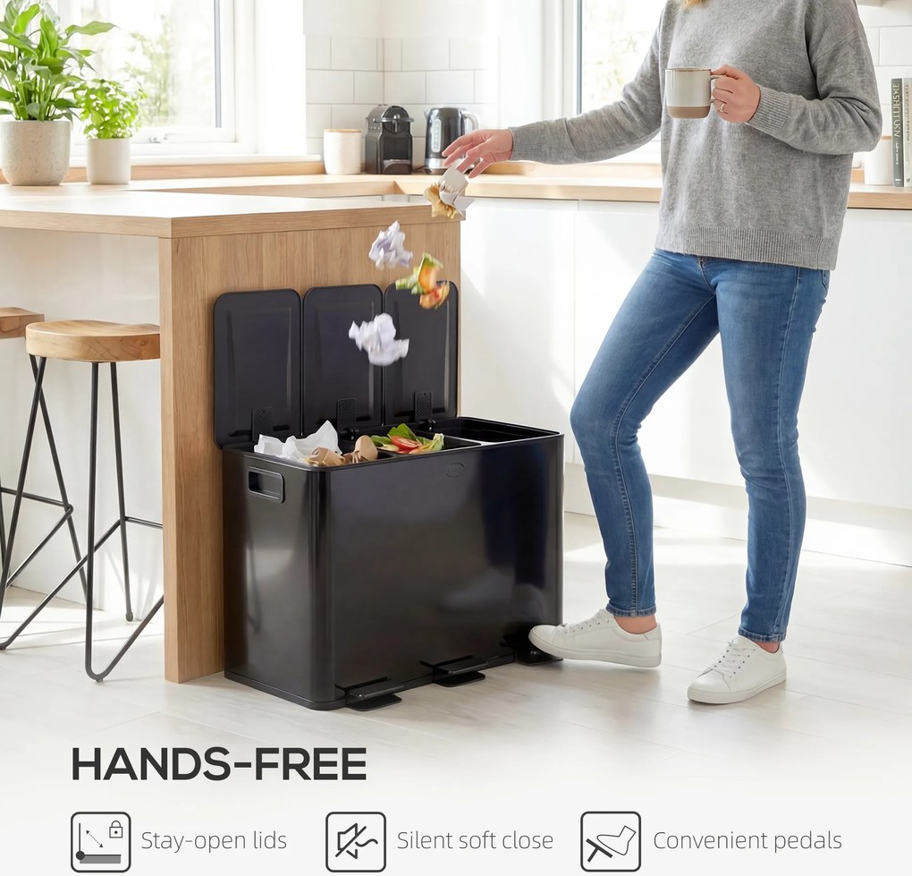 HOMCOM Kosz na śmieci z 3 x 20 L komorami, pokrywami dezodorantowymi, odporny na odciski palców, soft-close, wyjmowany, czarny