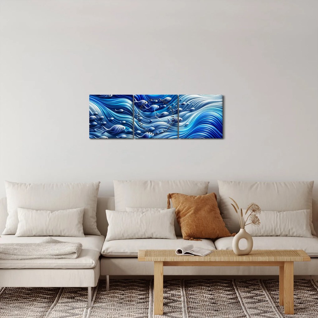 Obraz – Ryby w falach (z zegarem) (90x30 cm)
