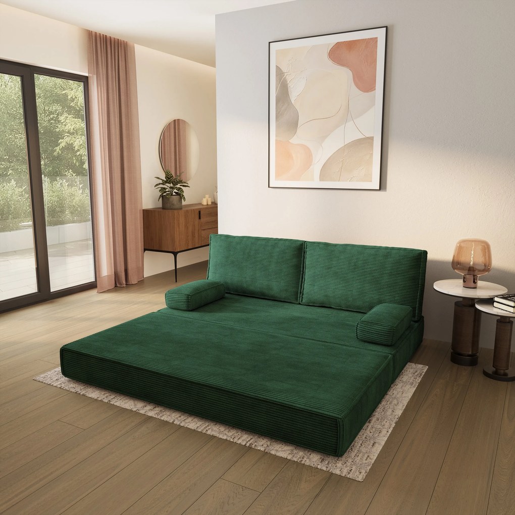 Masseno Sofa piankowa SILAR z funkcją spania, Kanapa z pianki do salonu, Bezmontażowa, Tkanina sztruksowa – Zielony POSO 14
