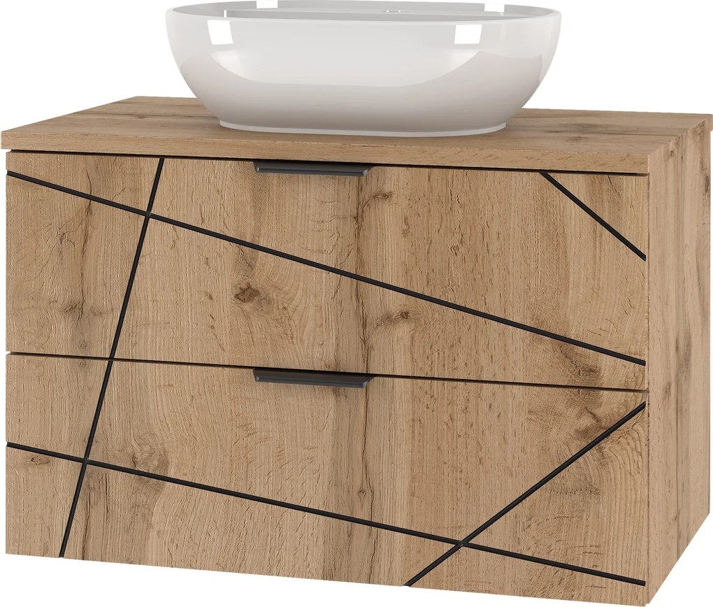 Szafka do łazienki z umywalką nablatową Wood 01, dąb wotan, 80 cm - zestaw 2