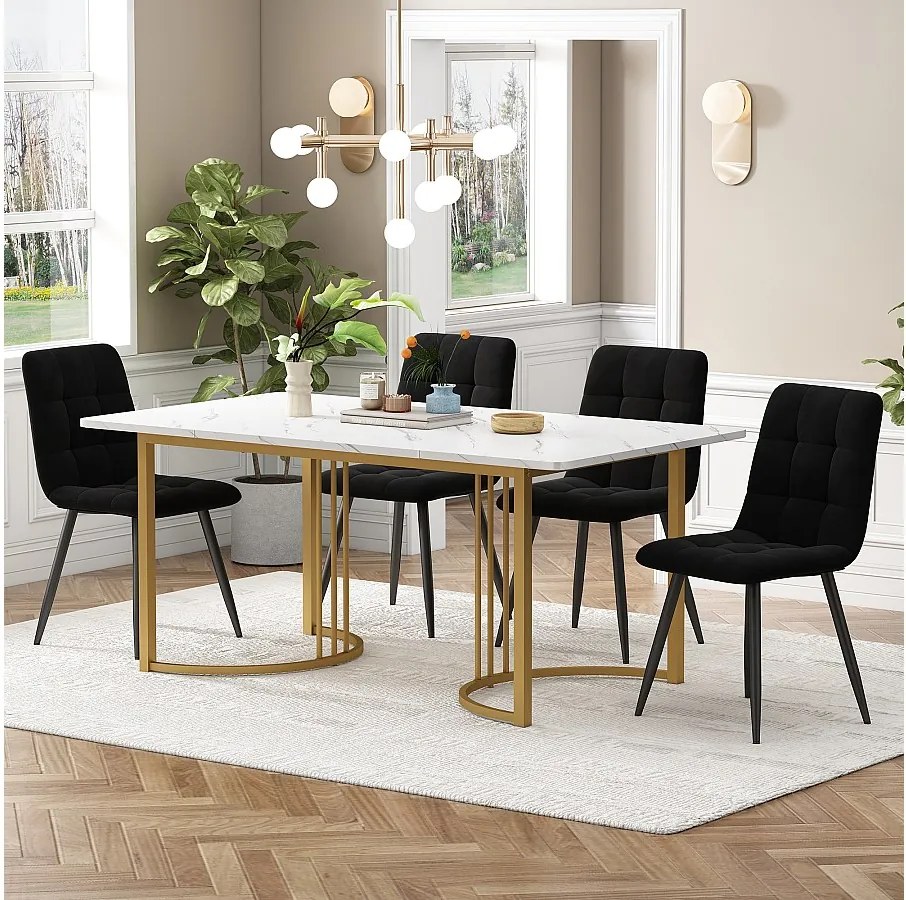 Zestaw do jadalni, stół-140×80×75cm z 4 krzesłami, MDF+metal+aksamit, złoto+biały+czarny