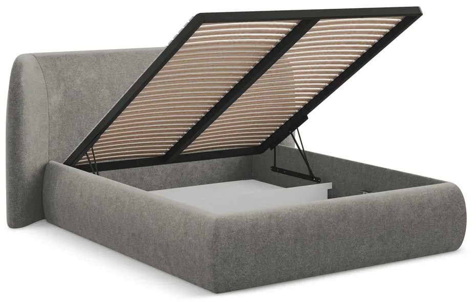 Szare tapicerowane łóżko dwuosobowe ze schowkiem i stelażem 160x200 cm Hauke – Makamii