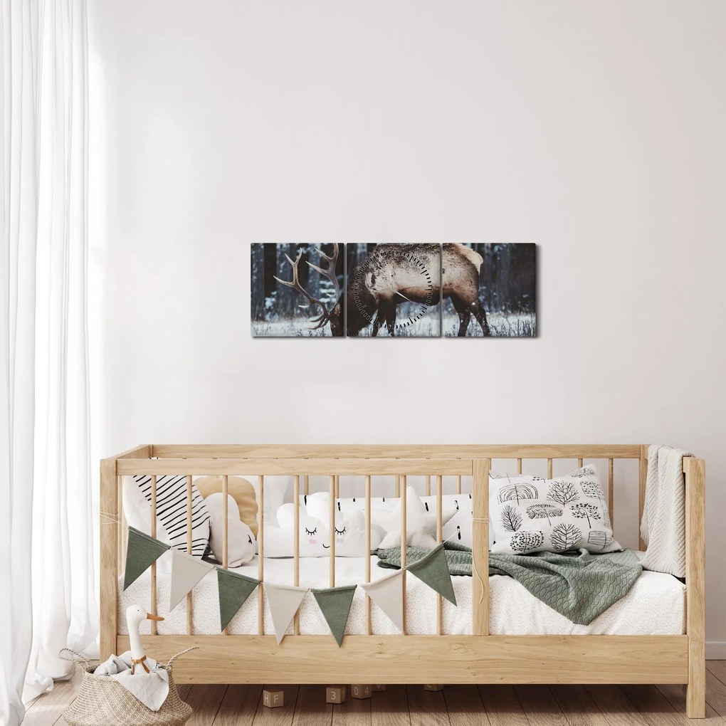 Obraz - jeleń zimą (z zegarem) (90x30 cm)