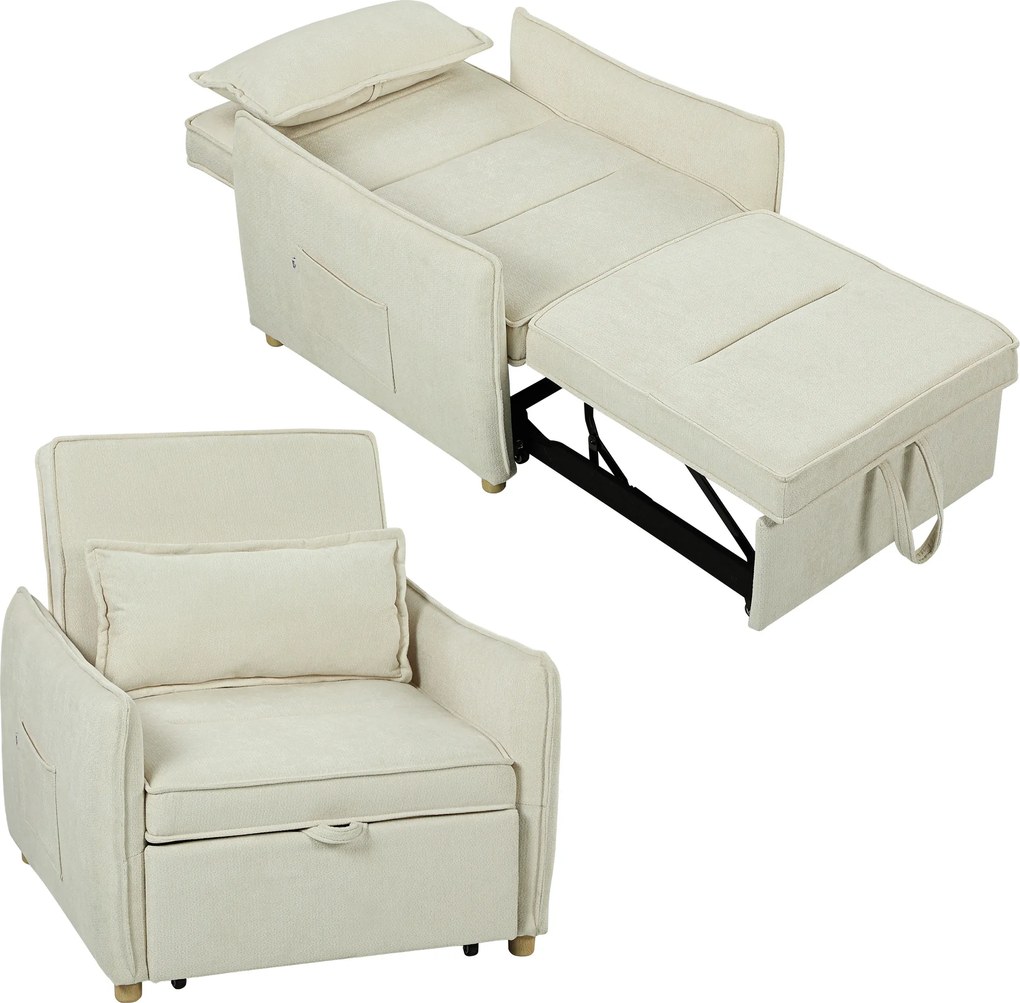 HOMCOM Fotel rozkładany 3 w 1 z funkcją łóżka i poduszką lędźwiową do salonu kremowy | Aosom PL
