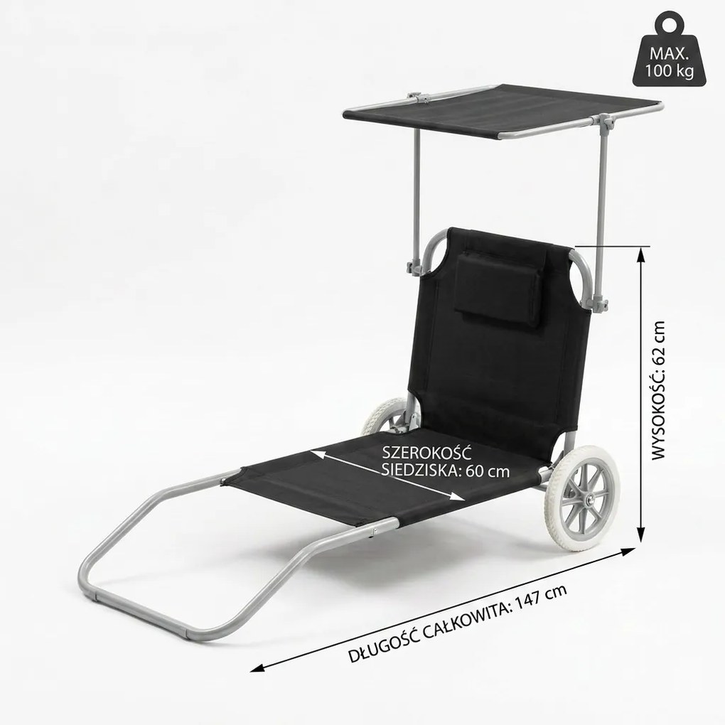Leżak plażowy Solmare z daszkiem i kołami - składany leżak ogrodowy, czarny