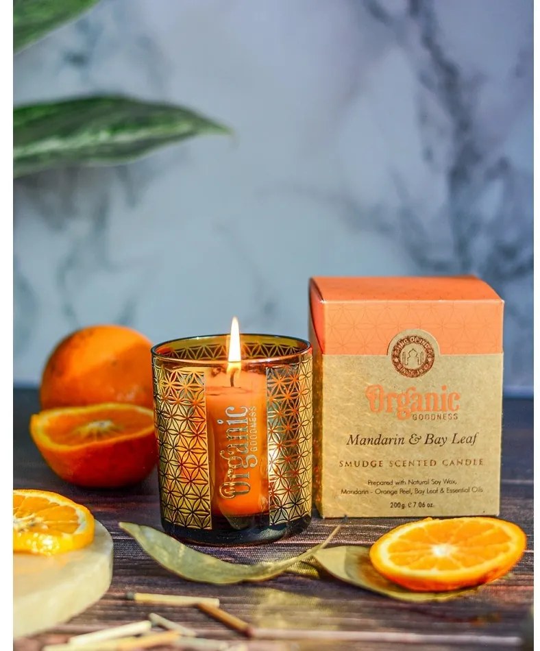Organiczna świeca kadzidlana Mandarin &amp; BayLeaf 200 g w szklanym słoiczku ze złotą folią