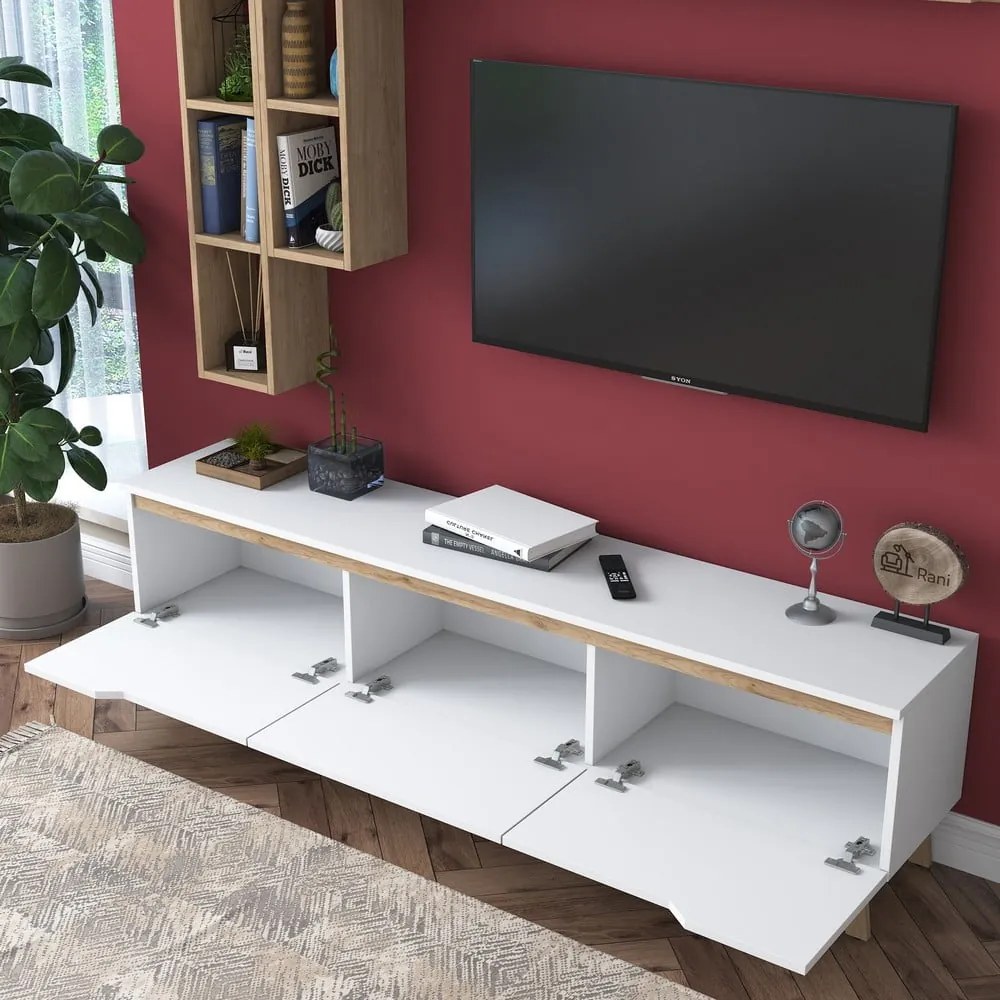 Biały zestaw pod TV w dekorze orzecha 180x49 cm Linh – Kalune Design