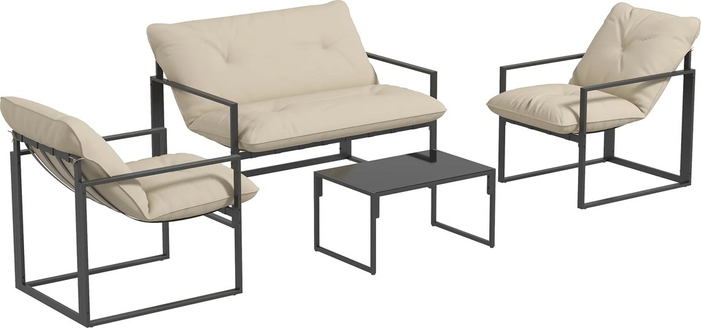 Zestaw mebli ogrodowych Outsunny: 1 stół z hartowanego szkła, 2 fotele, 1 sofa, odporne na warunki atmosferyczne, 114 cm x 70 cm x 67 cm, Szary+Beżowy