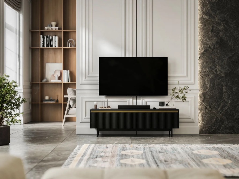 Ryflowana szafka RTV Selene 140 cm, czarna na czarnych nóżkach