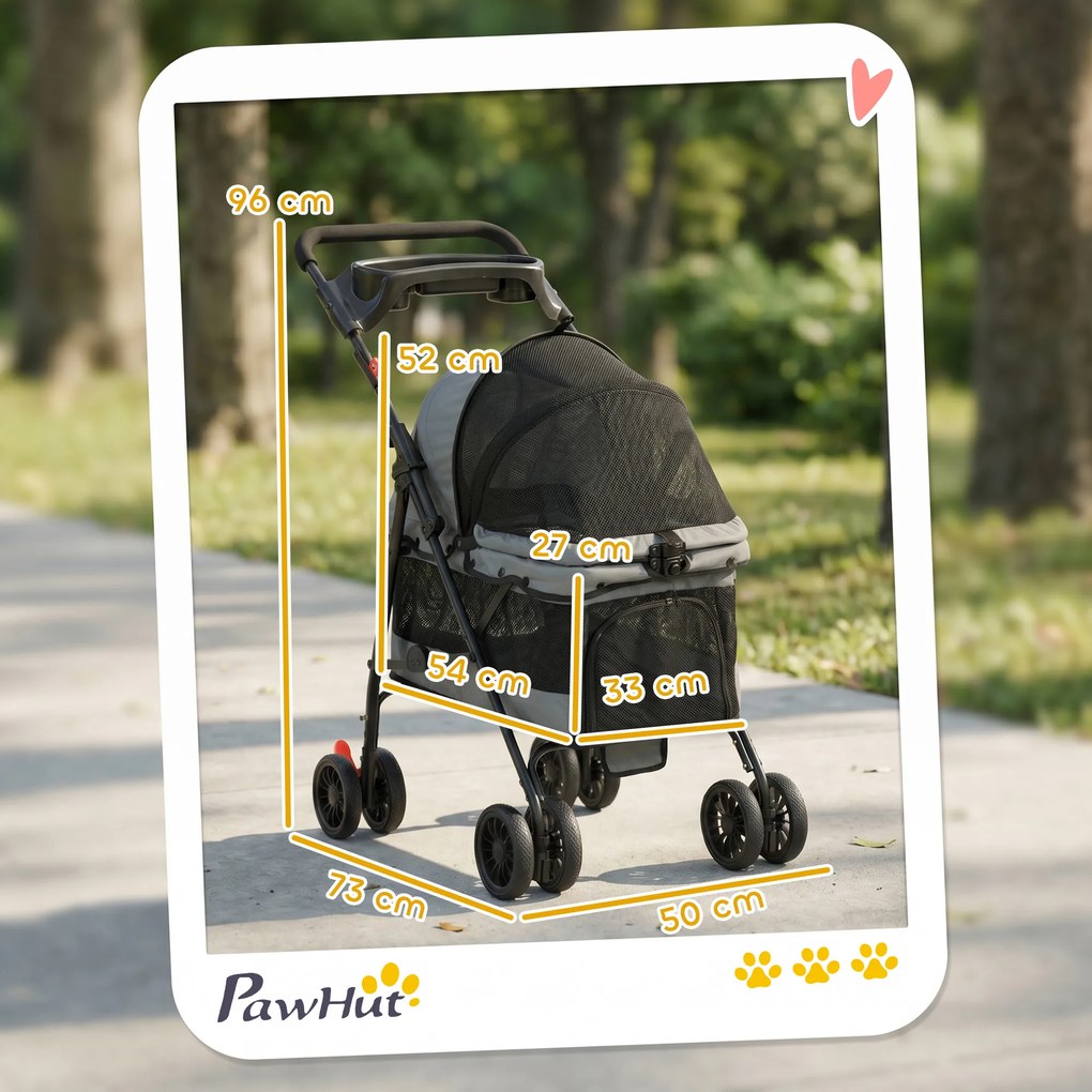 PawHut Wózek składany dla psa z poduszką, okienkami z siatki, uchwytem na napój, obracalne kółka 360° dla małych psów do 10 kg szary | Aosom PL