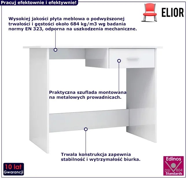 Nowoczesne proste biurko z szufladą biały połysk - Axon