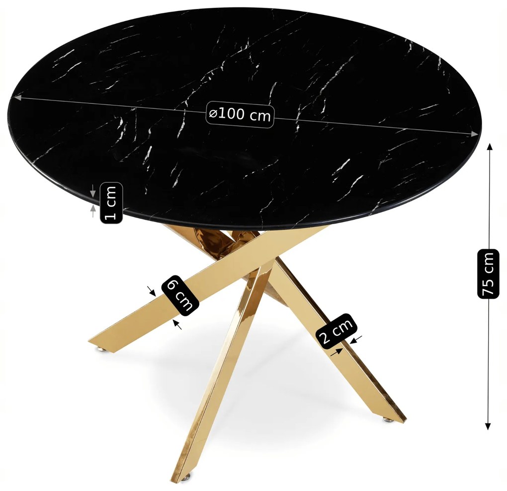 Stół Okrągły Szklany BALI 100 cm Czarny Marmur/Złoty Glamour