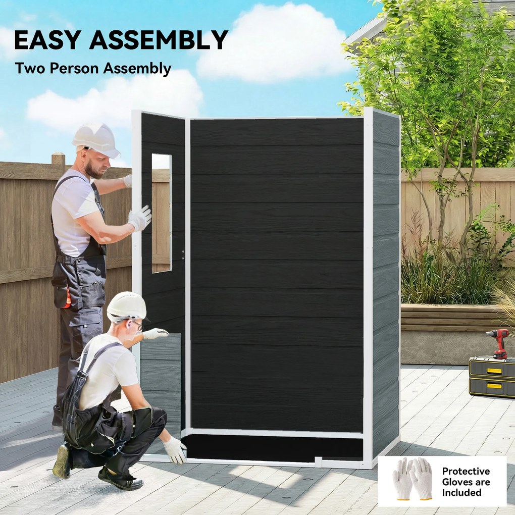 Outsunny Domek ogrodowy 1,1 m² z wyglądem drewna, okno, dwuspadowy dach, wentylacja, podłoga, zamek, rękawice, szary | Aosom PL