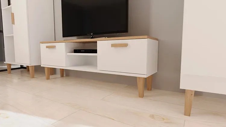 Skandynawska szafka RTV na dębowych nóżkach biały + hikora - Avec 5X 120cm