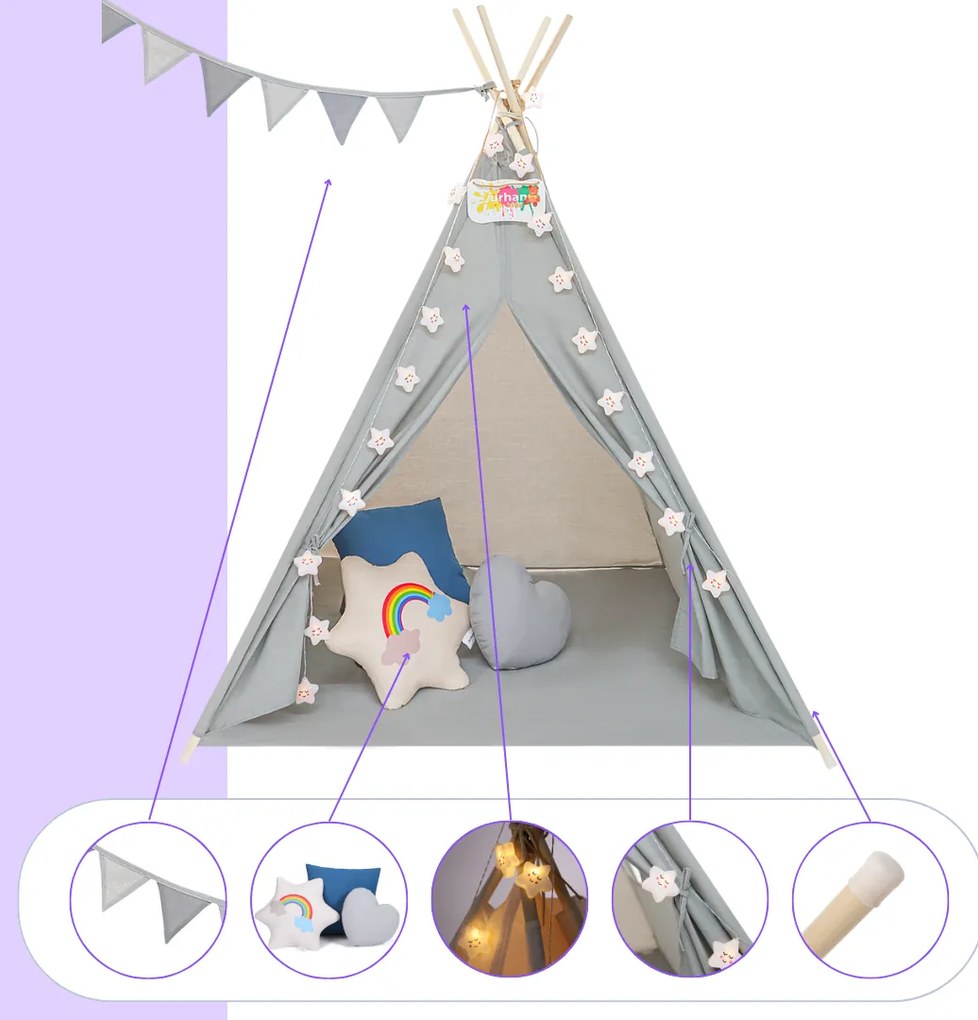 Namiot tipi JULIUS, 120x120x160cm, szara/niebieska Jurhan