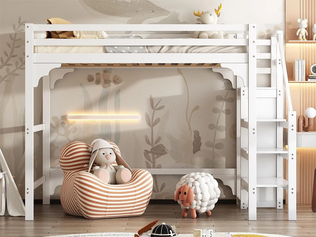 Łóżko antresola 140 x 200 cm ze schodami i szafą, drewno sosnowe i płyta MDF, w zestawie stelaż listwowy, białe
