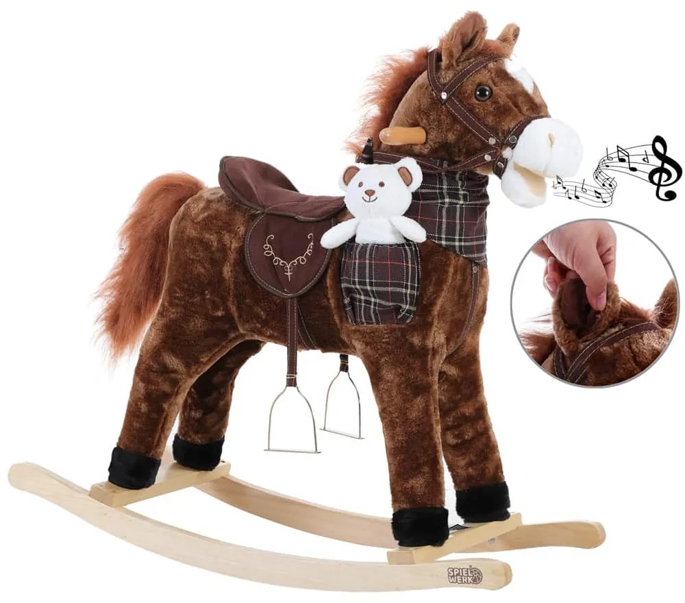 Brązowy koń na biegunach z efektem dźwiękowym Spielwerk