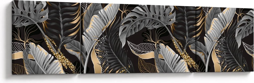 Obraz - Tropikalne liście w kolorze czarno - złotym (170x50 cm)