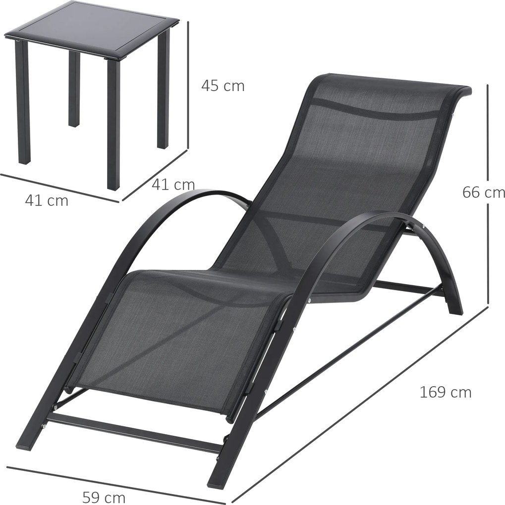 Outsunny Zestaw leżaków ogrodowych z stolikiem 2 sztuki Oddychająca tkanina Stabilna konstrukcja Czarny | Aosom PL