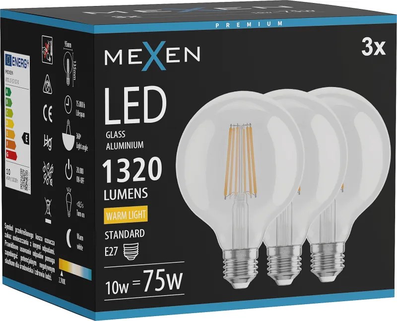 Mexen Vintis 3x żarówka filament LED E27, G95, 10W, Ciepła - 2700K, 1320 lm, clear - L157-E27-1027-00x03