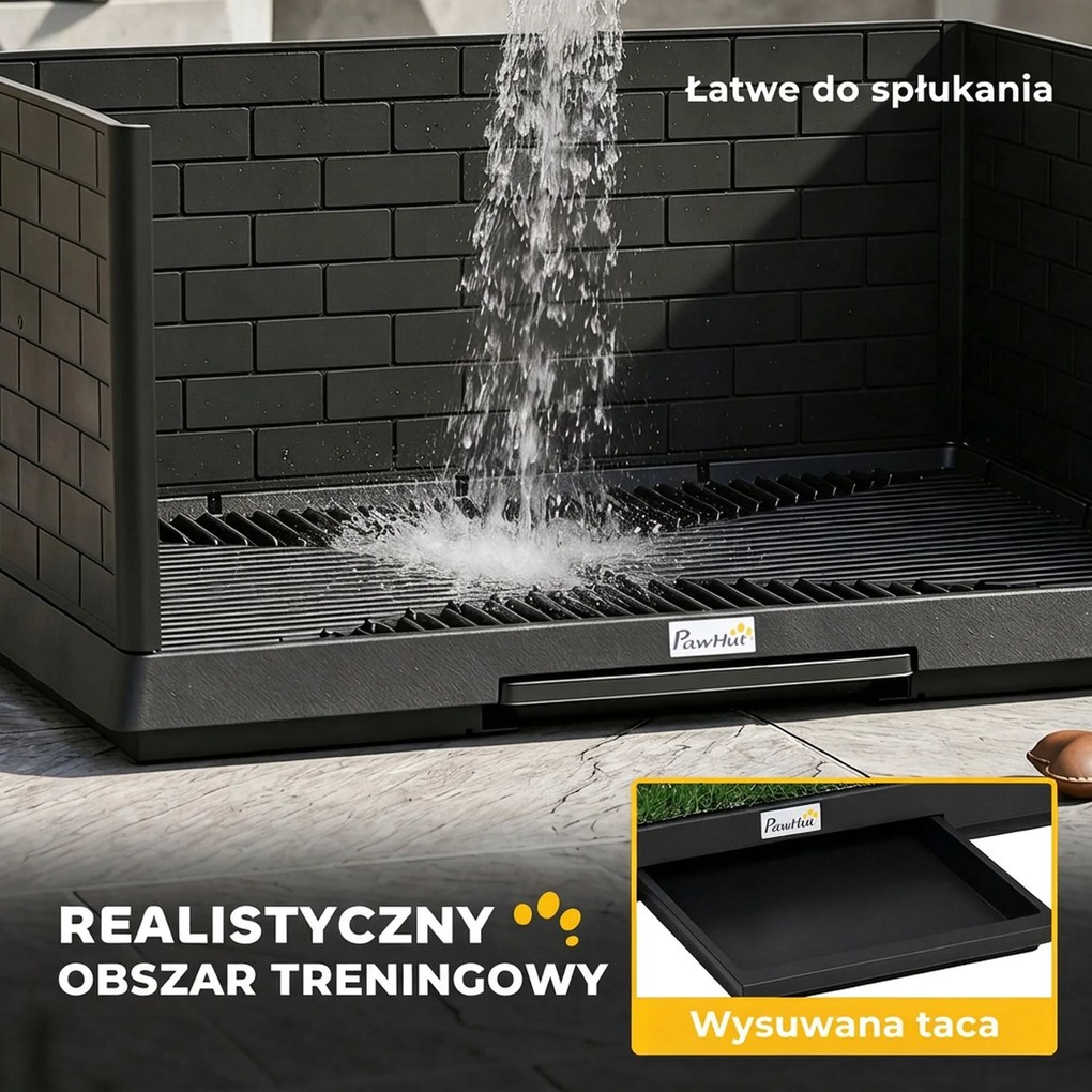 PawHut Toaleta dla psa 75 x 51 cm z trawą sztuczną, wysokimi ściankami, wysuwaną tacą i systemem odprowadzania - Czarna | Aosom PL