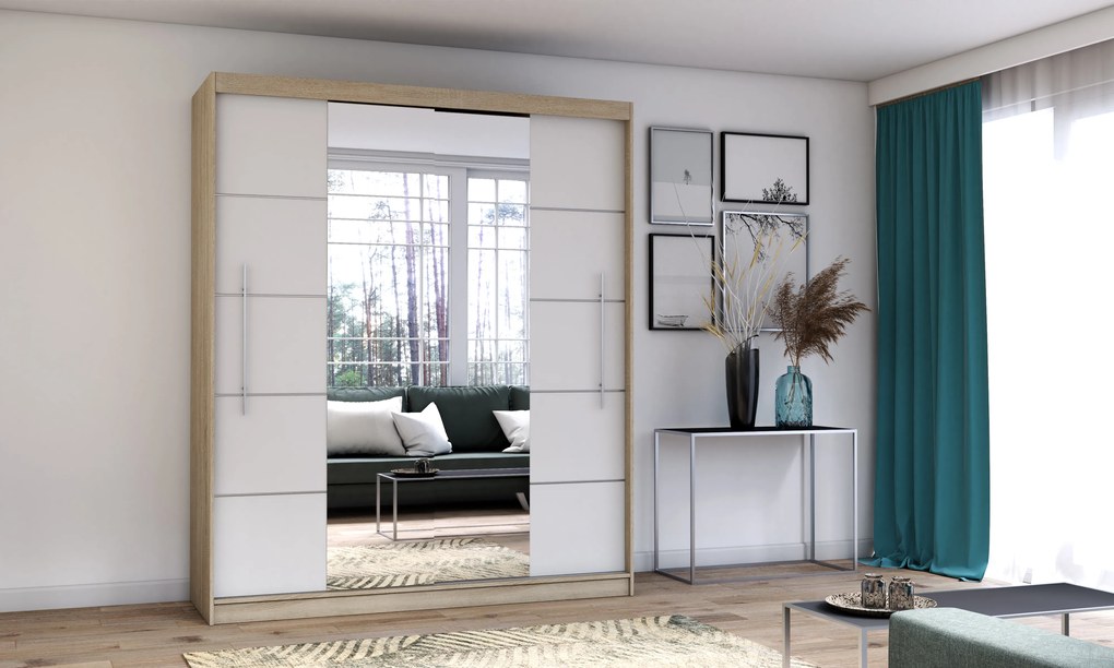 Szafa przesuwna TORINO z lustrem 203 cm sonoma fronty białe