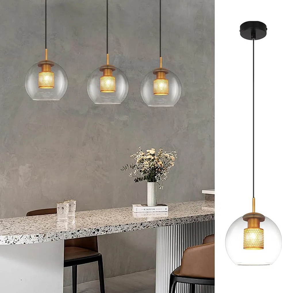 NETTLIFE Szklana lampa wisząca na stół w jadalni - 1 płomień Vintage E27 Czarna lampa wisząca