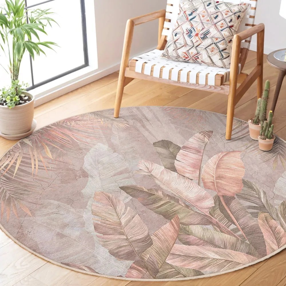 Jasnoróżowy okrągły dywan odpowiedni do prania ø 100 cm Dusty Leaves – Mila Home