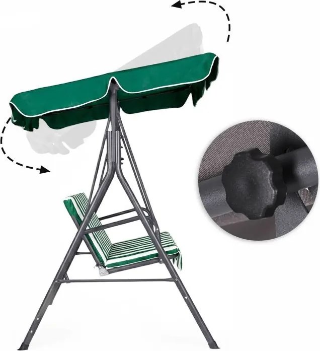 Huśtawka ogrodowa Cozy z regulowanym daszkiem, zielona w paski