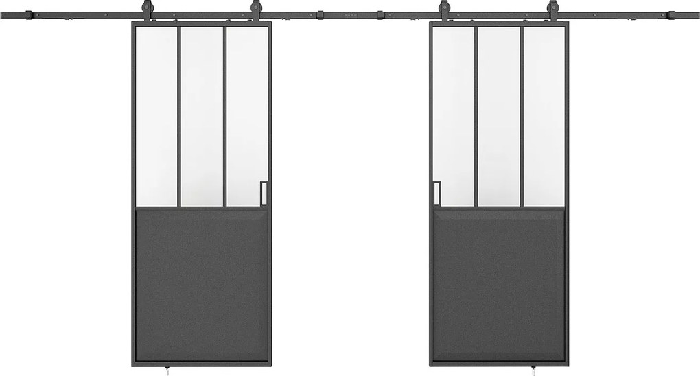 Drzwi przesuwne podwójne industrialne z szyną natynkową - Czarny i szkło hartowane - 2 x wys. 205 x szer. 83 cm - ARTISTO II