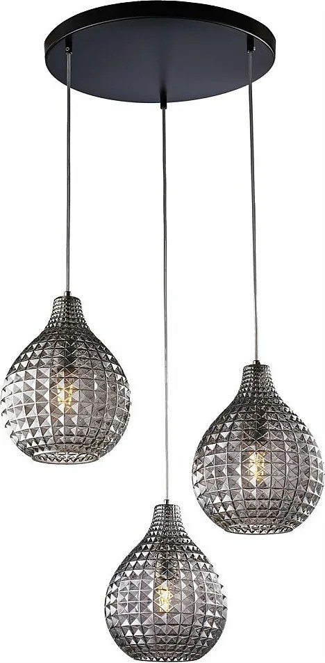 Lampa wisząca Diamante w kolorze czarnym z chromowaną ramą, szare lustrzane szkło z efektem kryształu i 3 światłami, nowoczesny styl