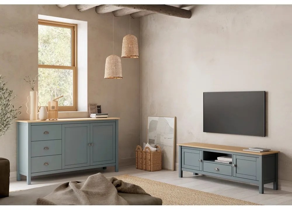 Szarozielona szafka pod TV z litego drewna sosnowego 158x53x40 cm Misti – Marckeric