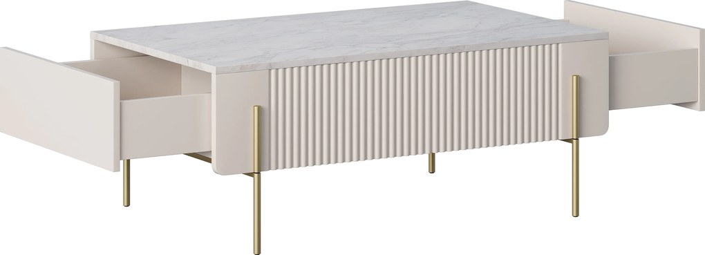 Stolik kawowy Malmi 100 cm z szufladami - kaszmir / crema bianca / złote nóżki