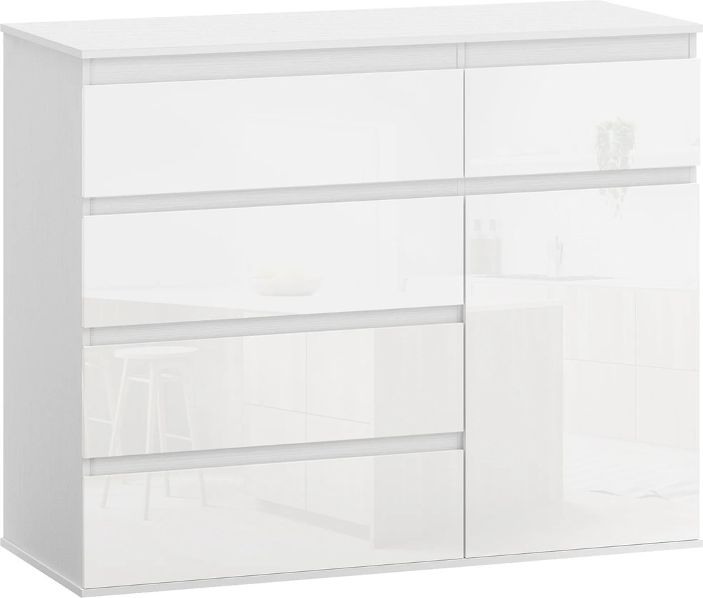 HOMCOM Nowoczesny sideboard, szafka do przechowywania z 5 szufladami, regulowaną półką, drzwiami Soft-Close, biały wysoki połysk | Aosom PL