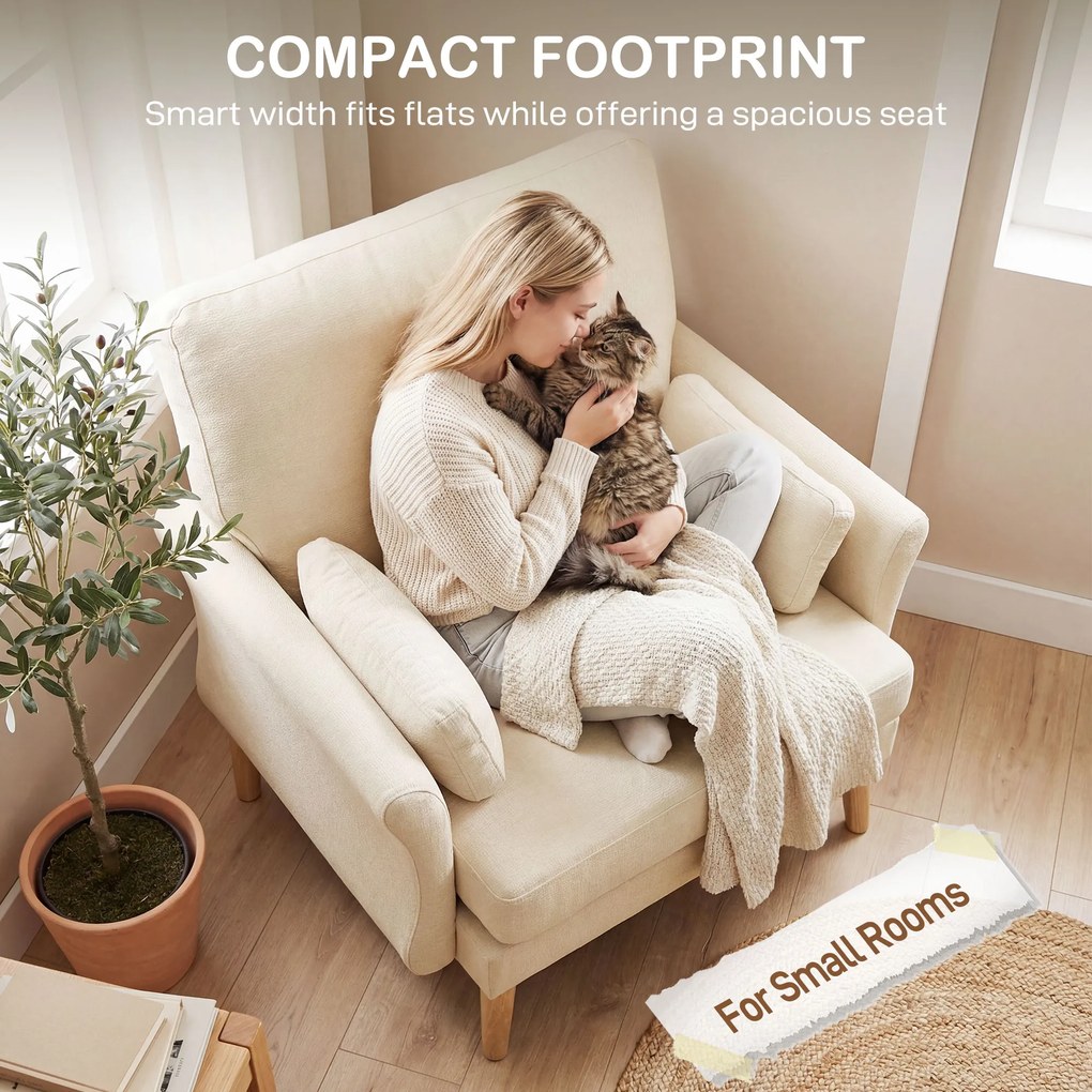 HOMCOM Aksamitny fotel z drewnianymi nogami, szeroki fotel wypoczynkowy do salonu i sypialni, kremowy | Aosom PL