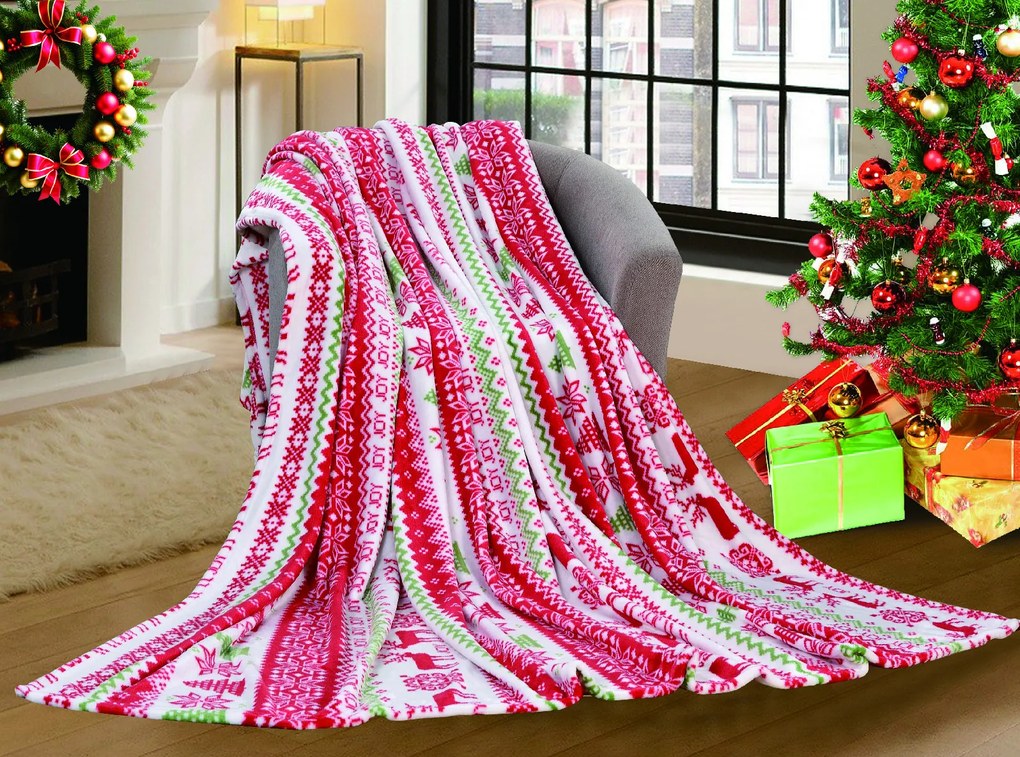 Biały świąteczny koc z mikropluszu CHRISTMAS JOY Rozmiar: 200 x 220 cm