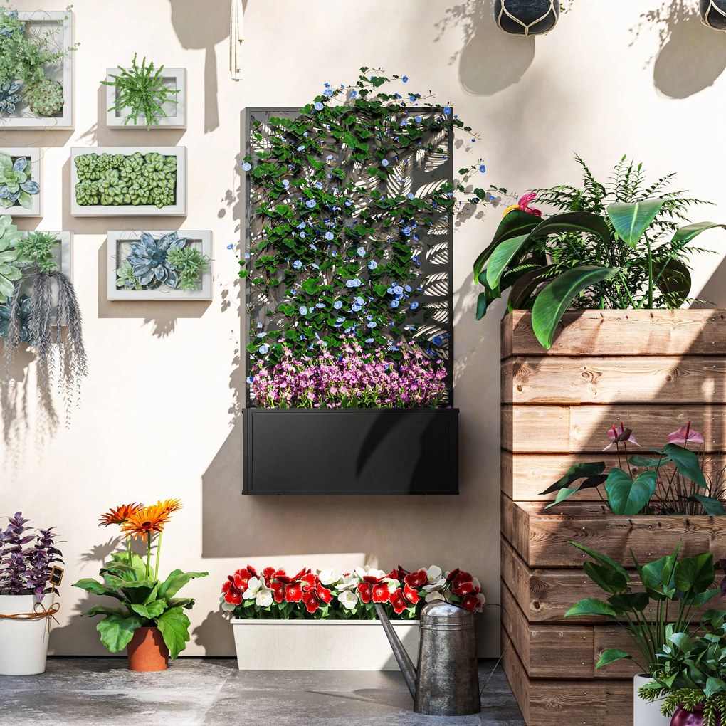 Outsunny Podwyższona skrzynia z panelem osłonowym, kratka do pnączy, metal, Czarny | Aosom PL