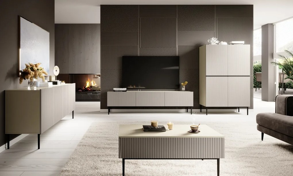 Komoda wysoka Nicole 100 cm dwudrzwiowa z ryflowanym frontem - kaszmir / czarne nóżki