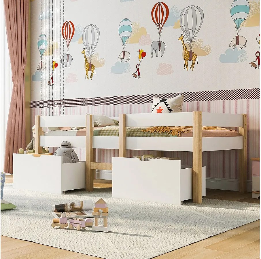 Łóżko dziecięce 90x190 cm - Łóżko pojedyncze z 2 szufladami i drabinką - białe drewno - bez materaca