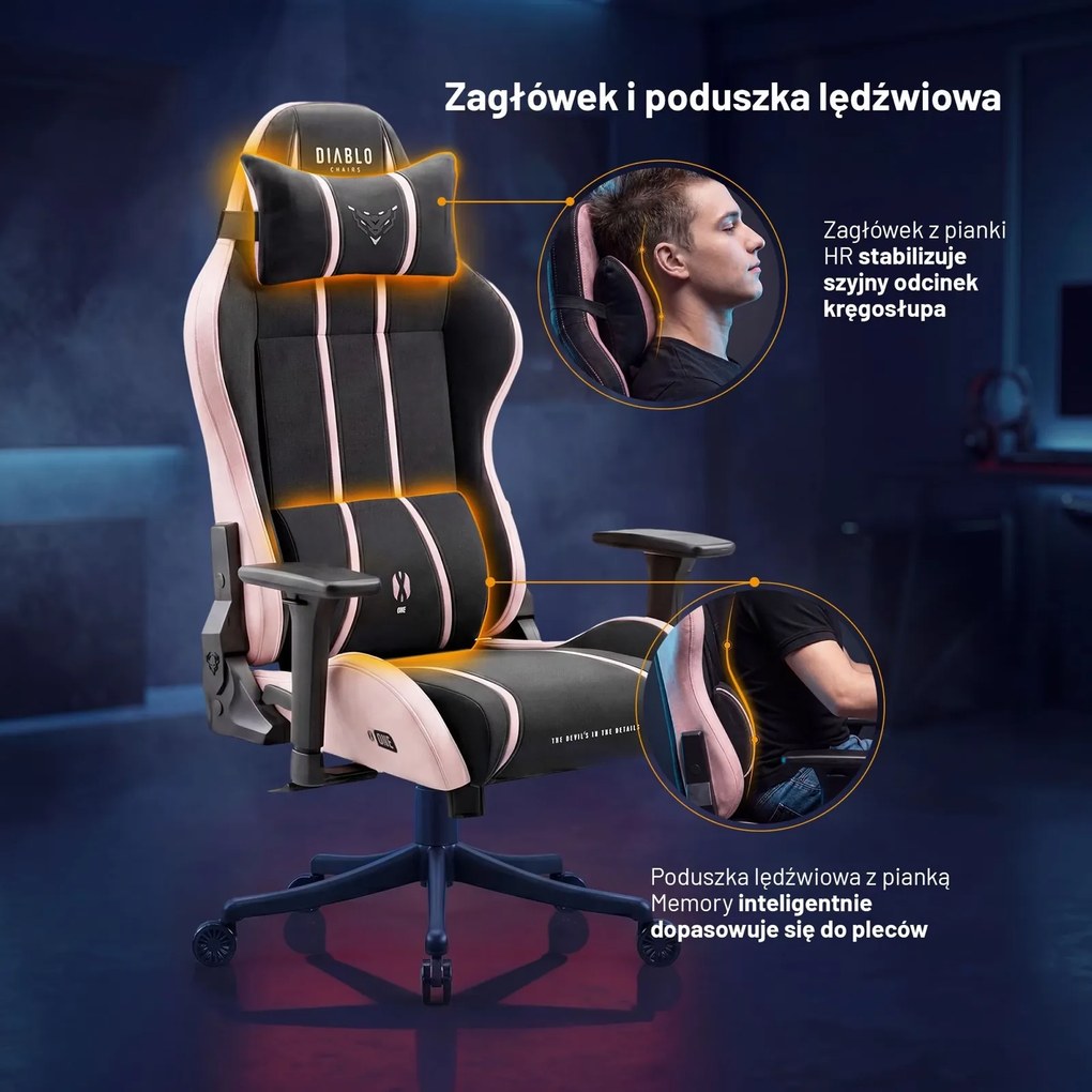 Fotel gamingowy młodzieżowy Diablo X-One Small Size materiałowy, Akira Pink