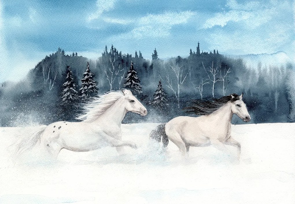Fototapeta - Konie w śniegu (196x136 cm)