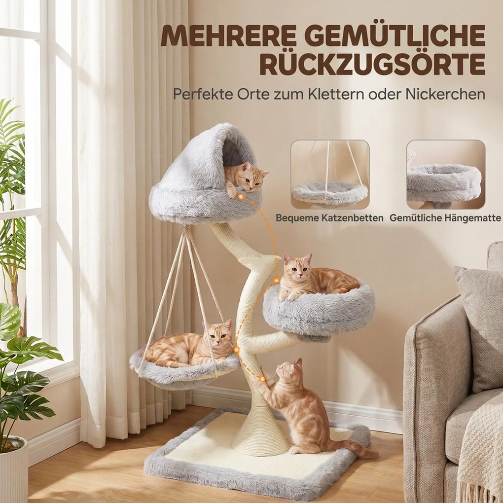 PawHut Drapak 115 cm wys. w kształcie drzewa, 2 zdejmowane legowiska do prania, hamak, słup do drapania z sizalu, dla kotów poniżej 6 kg | Aosom PL