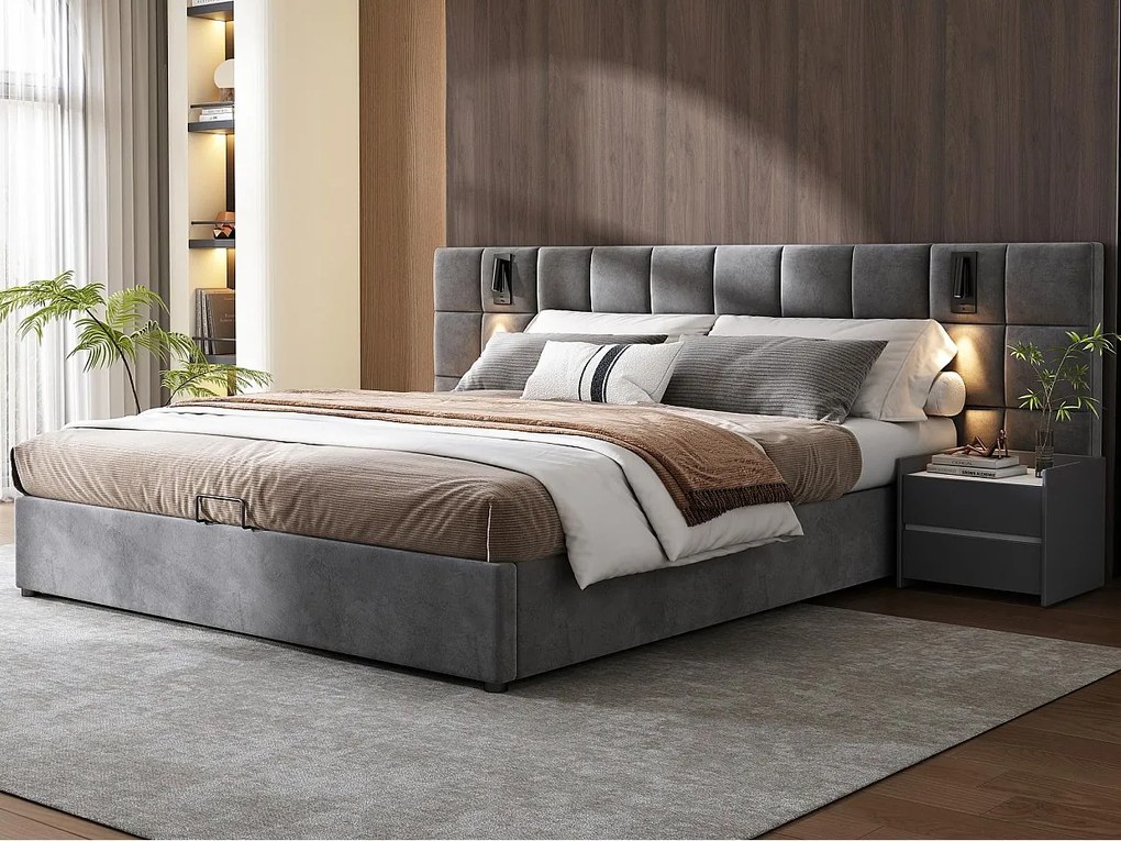 Łóżko z weluru - 180x200cm - z LED i portem do ładowania - Szare (stolik nocny nie wchodzi w skład)