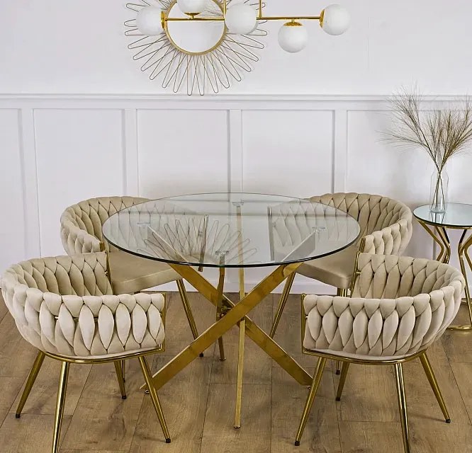 Okrągły szklany stół na złotej podstawie glamour - Amira