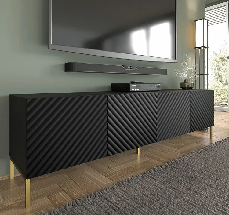 Szafka rtv z frontem 3D czarny mat + złote nóżki - Resa 7X