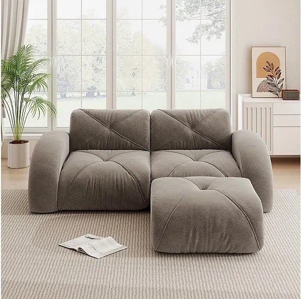 Canapé 2 places d'angle modulable en tissu chenille, avec pouf, 204x171x76cm, Marron