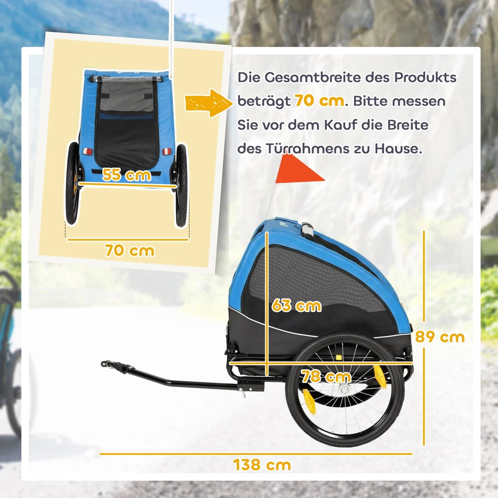 PawHut Przyczepka rowerowa dla psa, składana, z odblaskami, siatkowymi oknami, kołami, drzwiami, flagą bezpieczeństwa, dla psów do 20 kg, 138x70x89 cm, niebieska | Aosom PL
