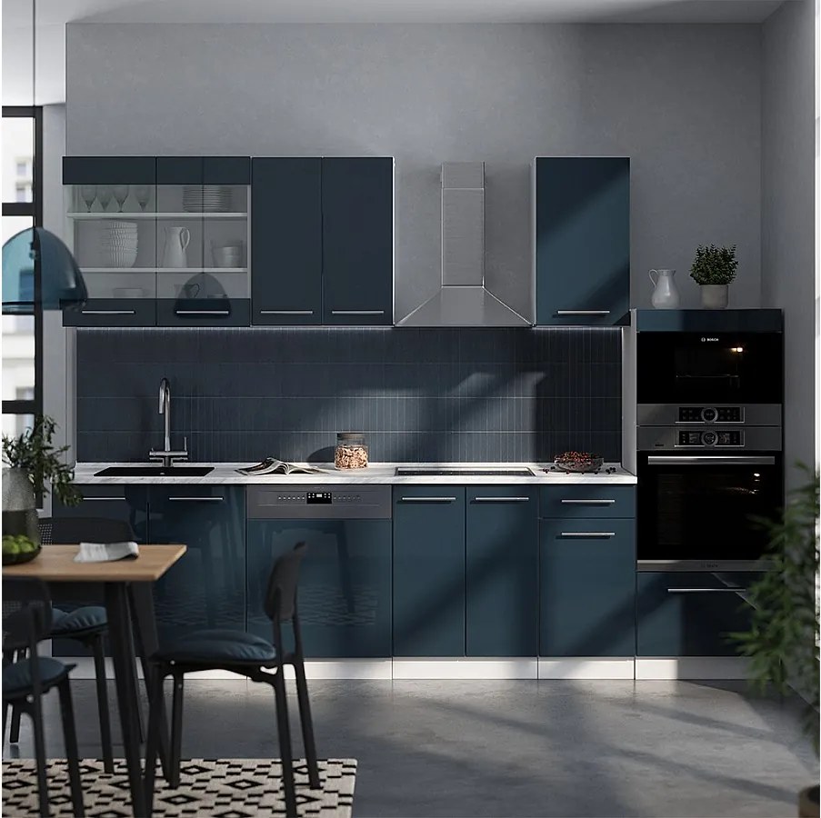 Zabudowa kuchenna ciemnoniebieski wysoki połysk/biały 300x46x81.6 fame-line